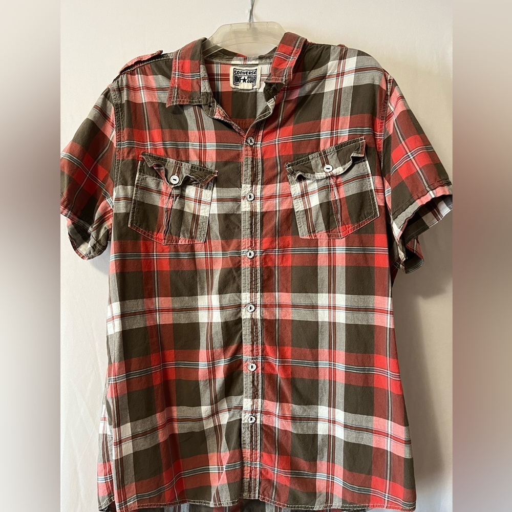 Converse  One Star Men’s Red White and Brown Button‎ Down Shirt Size Large